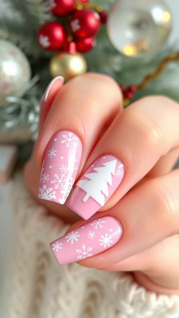 Elegant pink Christmas nails with white snowflake and tree designs.